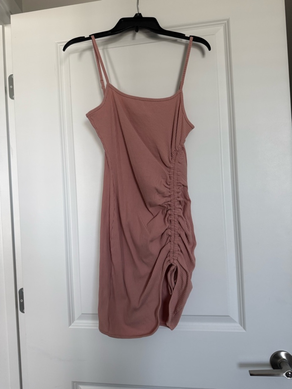 Ribbed Drawstring Side Ruched Pink Tank Dress